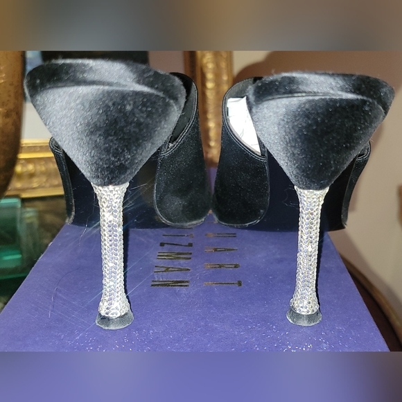 STUART WEITZMAN BLACK SATIN CRYSTAL HIGH HEEL SLIDE SANDALS 9 - Picture 4 of 11